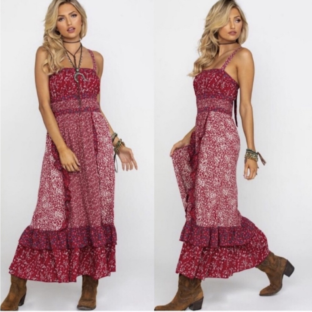 Free People Yesica BOHO Prairie Floral Red Ruffled Maxi Dress
